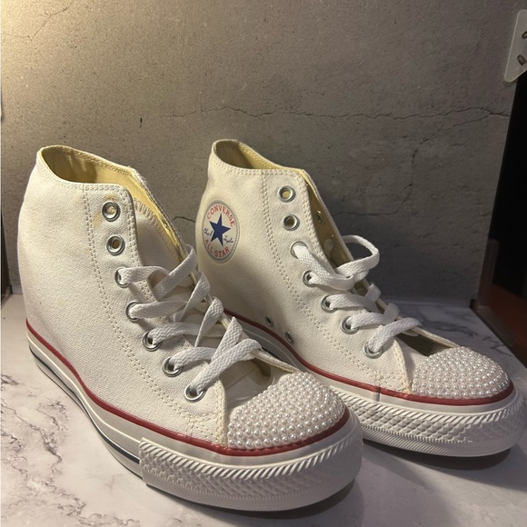 Converse Shoes - Converse Women's White High-Top Sneakers w/custom pearl embellishment.